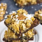 These German Chocolate Brownies feature a chewy, chocolate base topped with toasted pecans and coconut!