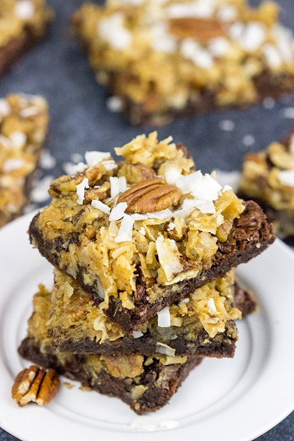 These German Chocolate Brownies feature a chewy, chocolate base topped with toasted pecans and coconut!