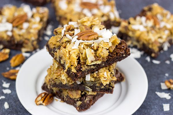 These German Chocolate Brownies feature a chewy, chocolate base topped with toasted almonds and coconut!