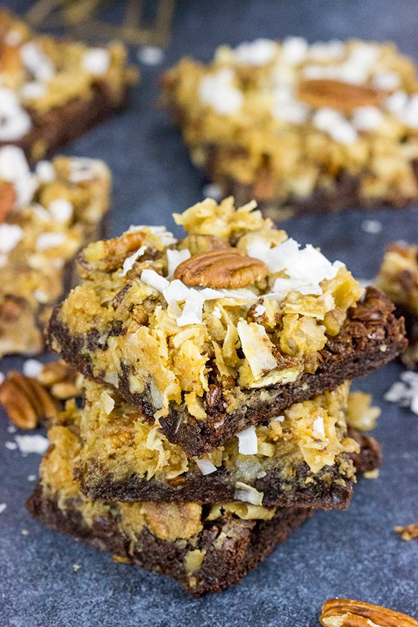 These German Chocolate Brownies feature a chewy, chocolate base topped with toasted almonds and coconut!