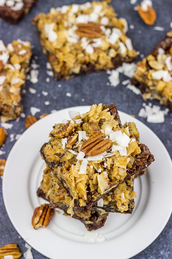 These German Chocolate Brownies feature a chewy, chocolate base topped with toasted pecans and coconut!