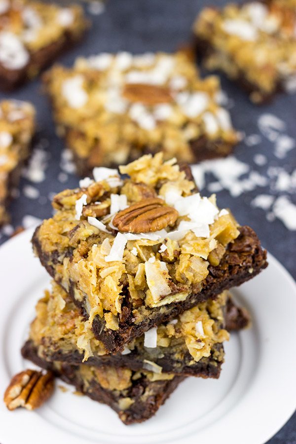 These German Chocolate Brownies feature a chewy, chocolate base topped with toasted pecans and coconut!