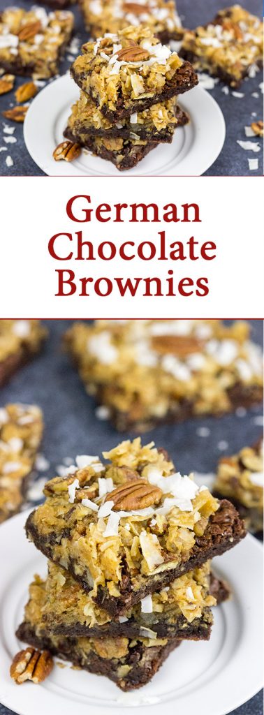 These German Chocolate Brownies feature a chewy, chocolate base topped with toasted pecans and coconut!