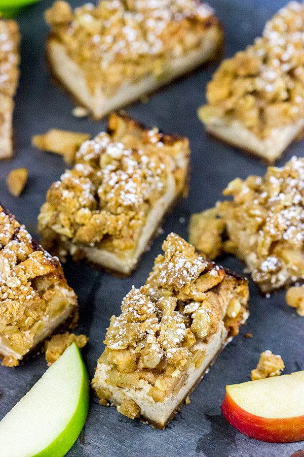 Apple cobbler or cheesecake for dessert?  Why not both!  These Apple Cobbler Cheesecake Bars are a tasty way to end a chilly Autumn day!
