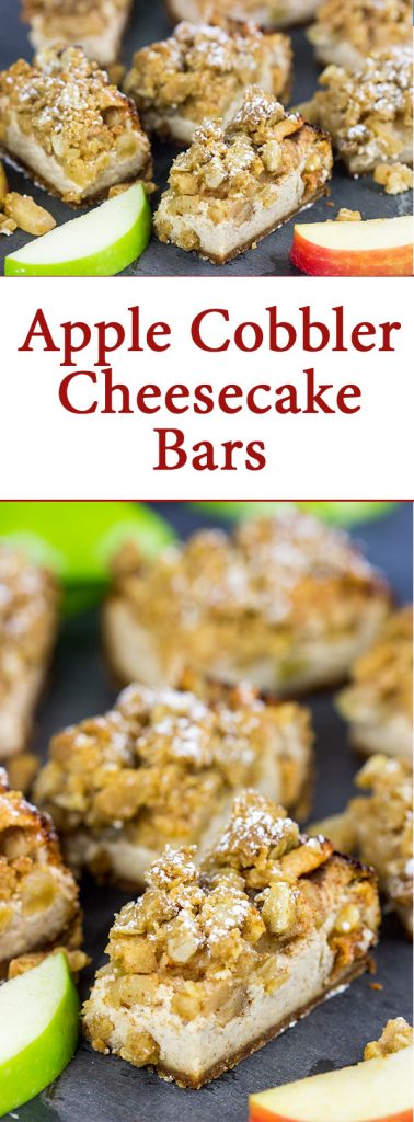 Apple cobbler or cheesecake for dessert? Why not both! These Apple Cobbler Cheesecake Bars are a tasty way to end a chilly Autumn day!