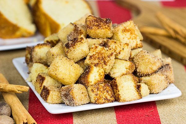 Take one fashioned pound cake.  Cut it into bites and then toss it in classic Autumn spices.  Oh yeah, these Pumpkin Spice Pound Cake Bites are quite tasty!