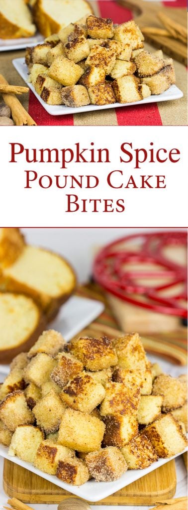 Take one fashioned pound cake. Cut it into bites and then toss it in classic Autumn spices. Oh yeah, these Pumpkin Spice Pound Cake Bites are quite tasty!
