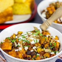 Looking for a tasty vegetarian chili?  This Sweet Potato and Black Bean Chili is packed with flavor and perfect for a chilly Autumn day!