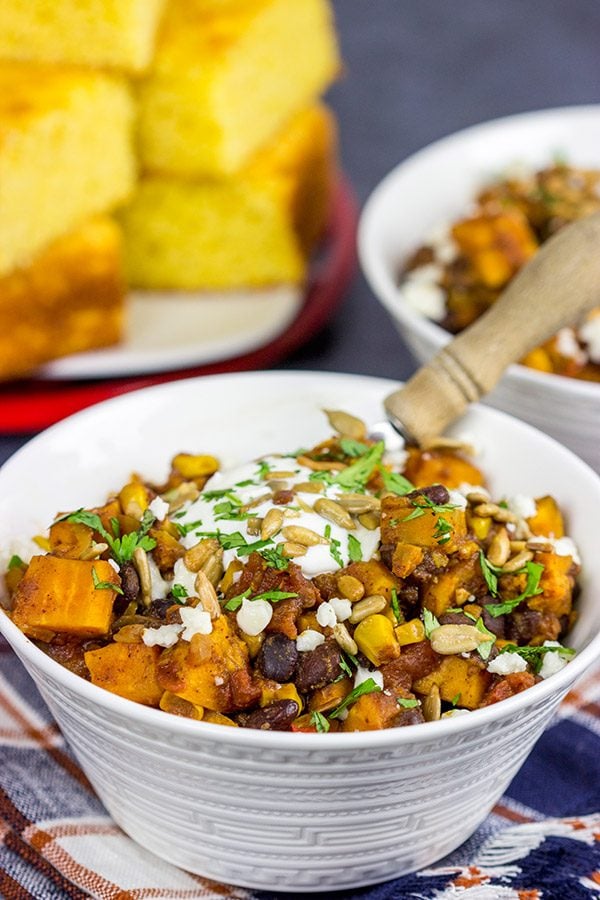 Looking for a tasty vegetarian chili? This Sweet Potato and Black Bean Chili is packed with flavor and perfect for a chilly Autumn day!