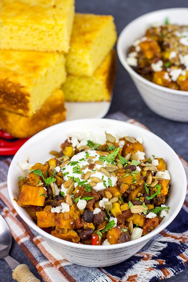 Looking for a tasty vegetarian chili?  This Sweet Potato and Black Bean Chili is packed with flavor and perfect for a chilly Autumn day!