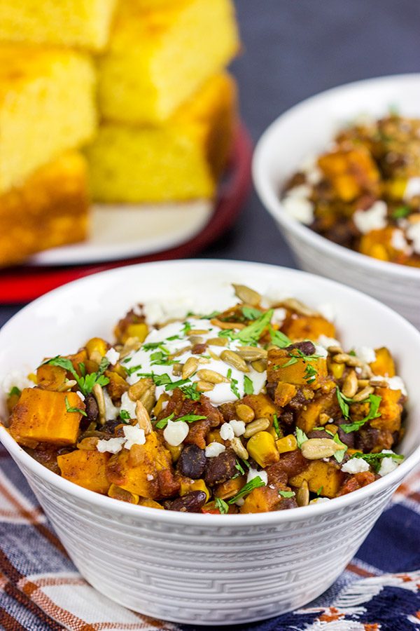 Looking for a tasty vegetarian chili?  This Sweet Potato and Black Bean Chili is packed with flavor and perfect for a chilly Autumn day!