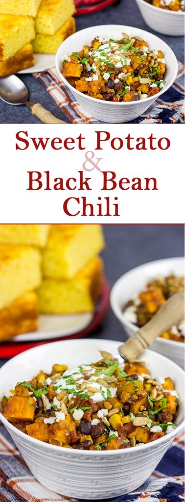 Looking for a tasty vegetarian chili?  This Sweet Potato and Black Bean Chili is packed with flavor and perfect for a chilly Autumn day!