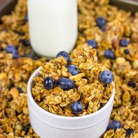 This Blueberry Cashew Granola makes one heck of a tasty (and easy) breakfast for busy, weekday mornings!