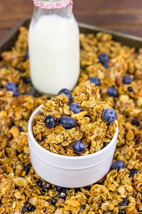 This Blueberry Cashew Granola makes one heck of a tasty (and easy) breakfast for busy, weekday mornings!