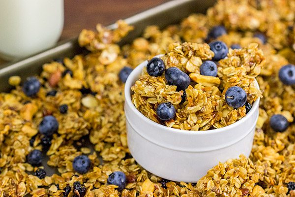This Blueberry Cashew Granola makes one heck of a tasty (and easy) breakfast for busy, weekday mornings!