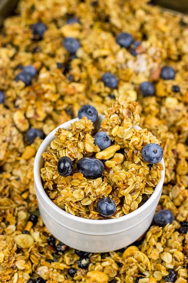 This Blueberry Cashew Granola makes one heck of a tasty (and easy) breakfast for busy, weekday mornings!