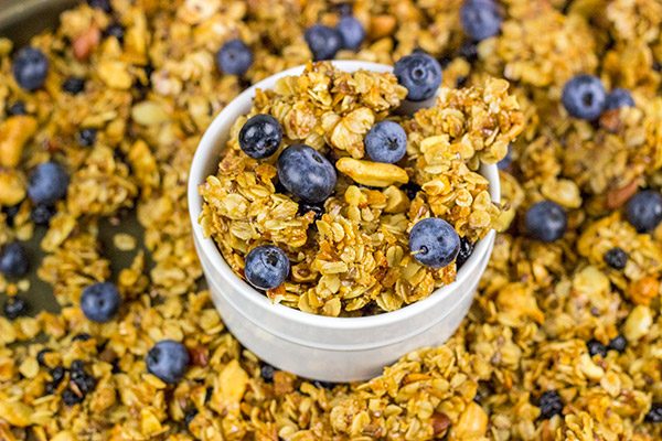 This Blueberry Cashew Granola makes one heck of a tasty (and easy) breakfast for busy, weekday mornings!