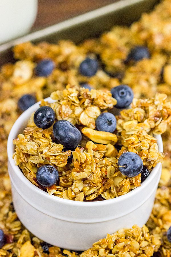 This Blueberry Cashew Granola makes one heck of a tasty (and easy) breakfast for busy, weekday mornings!