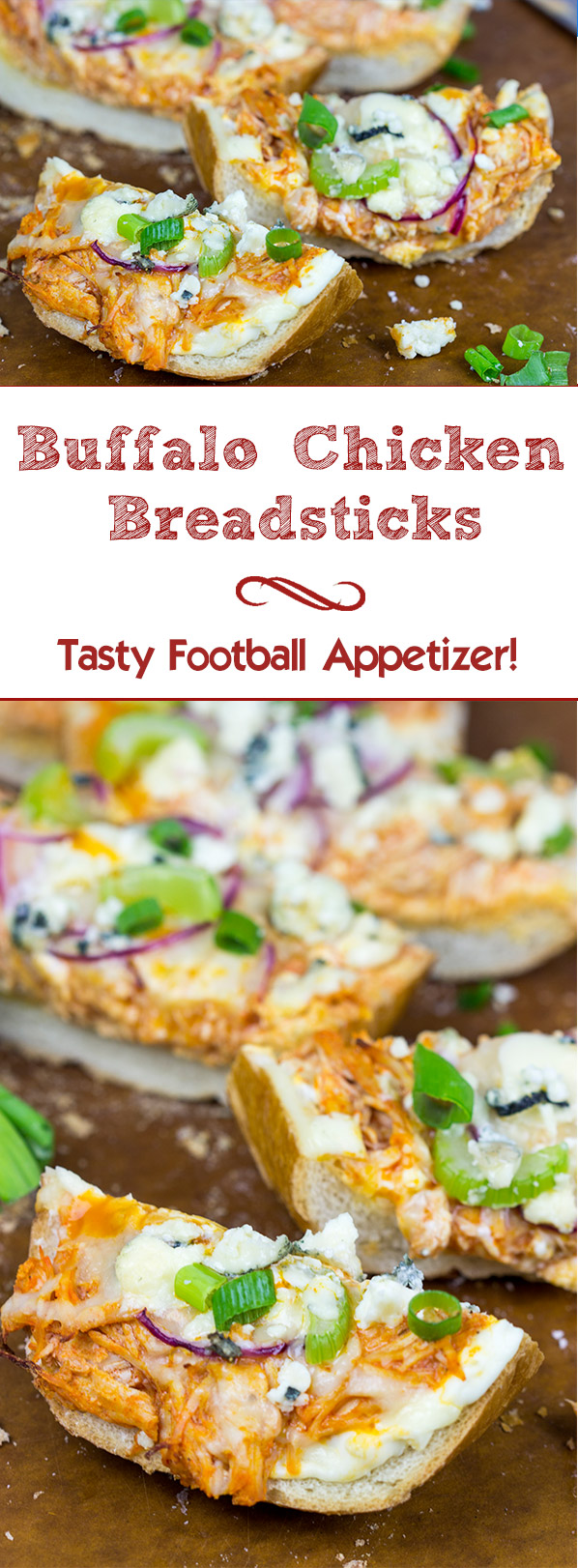 These Buffalo Chicken Breadsticks make an excellent football appetizer! Grab a loaf of French bread and top it with spicy buffalo chicken, creamy blue cheese and melty mozzarella!