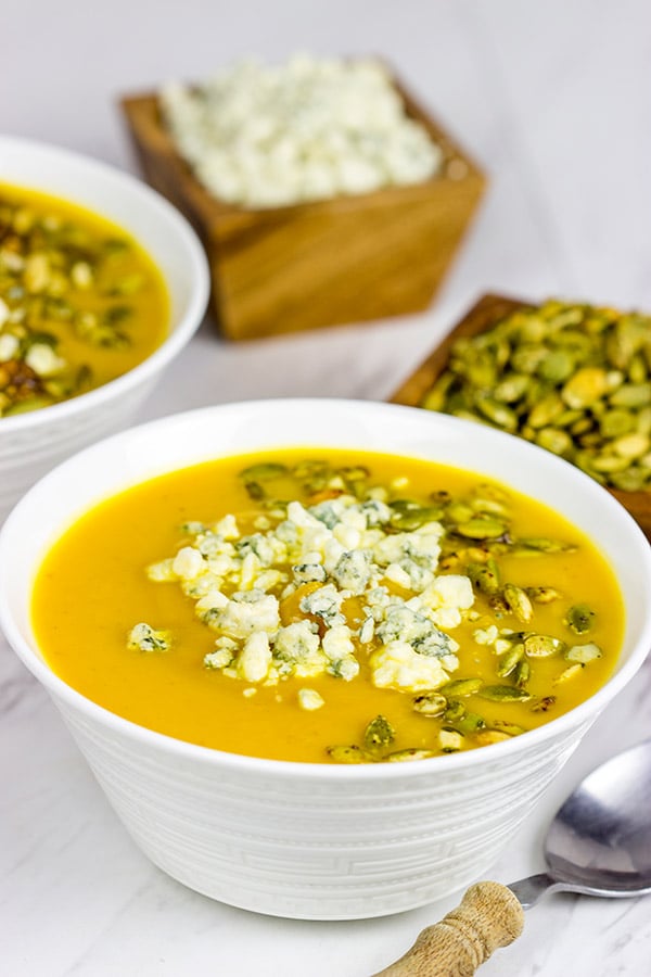 This Butternut Squash and Pumpkin Soup is a tasty (and healthy) way to warm up on chilly Autumn evenings!