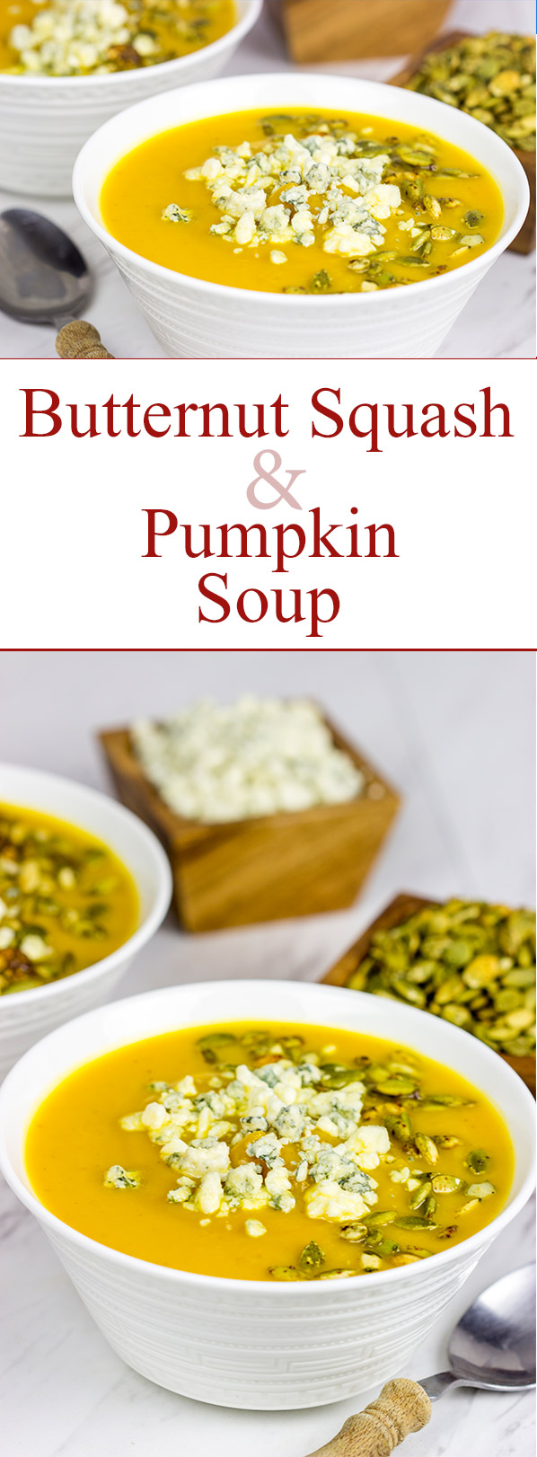 This Butternut Squash and Pumpkin Soup is a tasty (and healthy) way to warm up on chilly Autumn evenings!