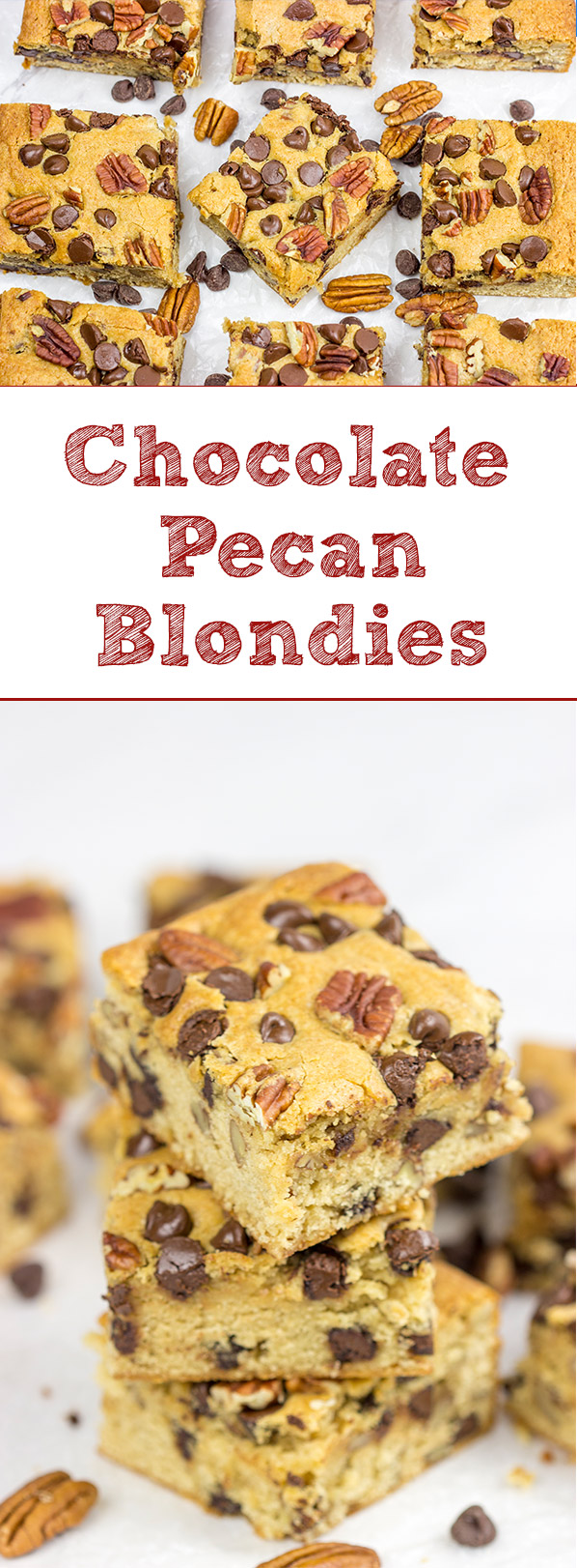 Stuffed with chocolate chips and chopped pecans, these Chocolate Pecan Blondies are an easy and delicious dessert!