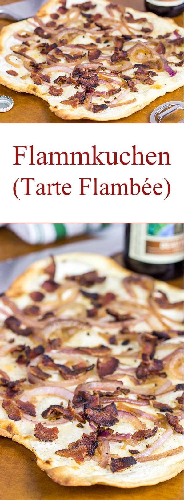 Flammkuchen, or tarte flambée in French, is a German-style thin-crust "pizza" topped with bacon and onions...and it's delicious!