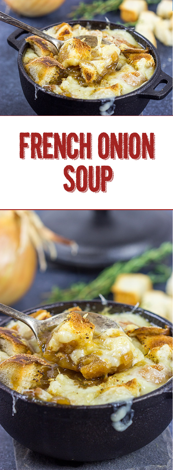 This classic French Onion Soup includes flavorful broth topped with toasted sourdough croutons and plenty of melted cheese! It's the perfect fare for cold winter evenings!