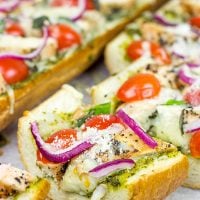 This Pesto French Bread Pizza with Grilled Chicken is a tasty and fun appetizer to serve during the big game!