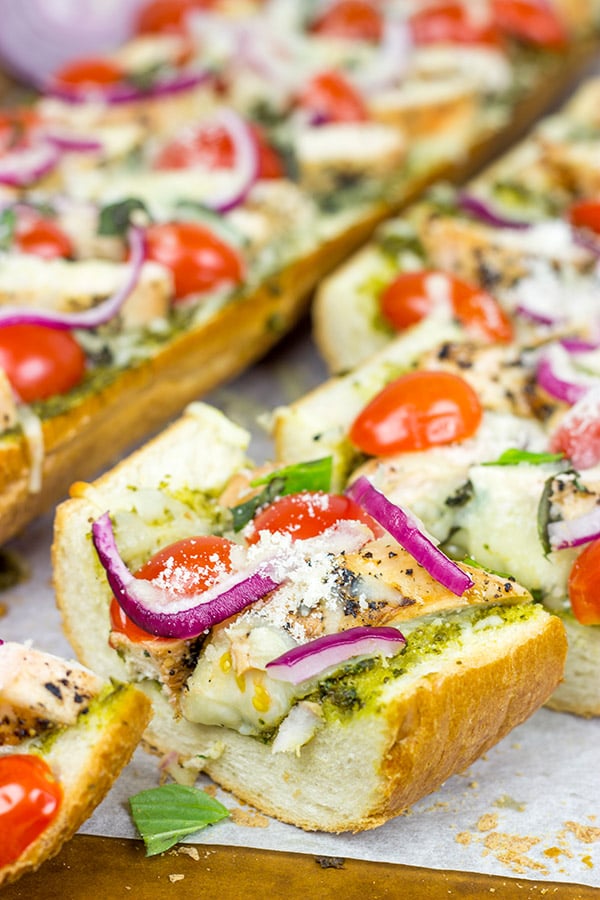 This Pesto French Bread Pizza with Grilled Chicken is a tasty and fun appetizer to serve during the big game!