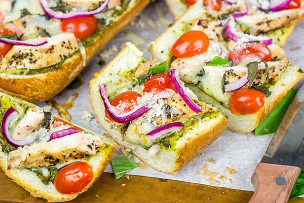 This Pesto French Bread Pizza with Grilled Chicken is a tasty and fun appetizer to serve during the big game!