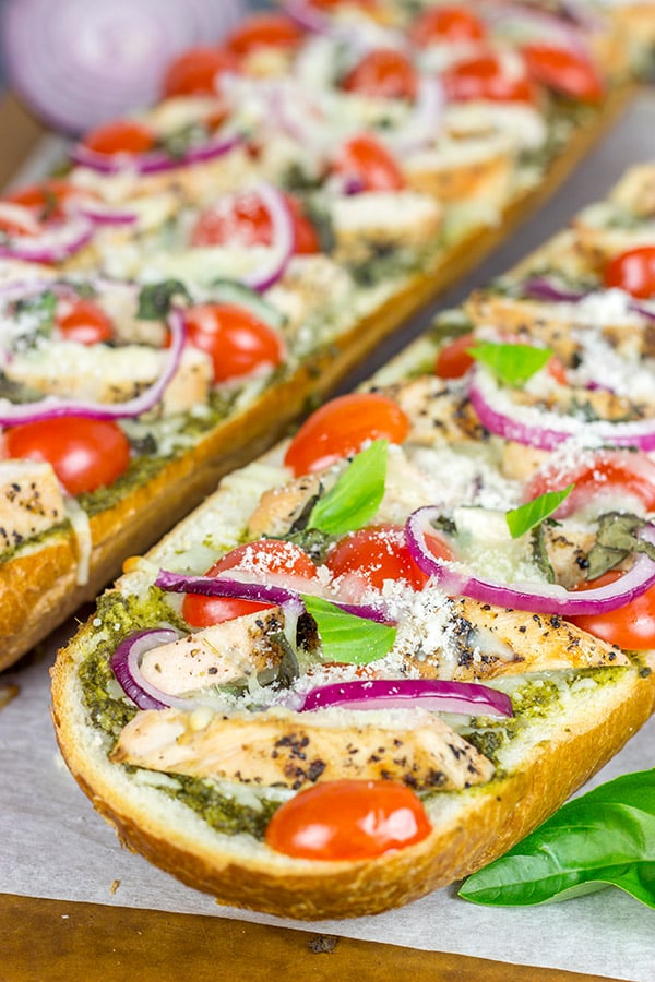 This Pesto French Bread Pizza with Grilled Chicken is a tasty and fun appetizer to serve during the big game!