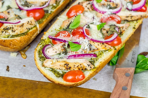 This Pesto French Bread Pizza with Grilled Chicken is a tasty and fun appetizer to serve during the big game!