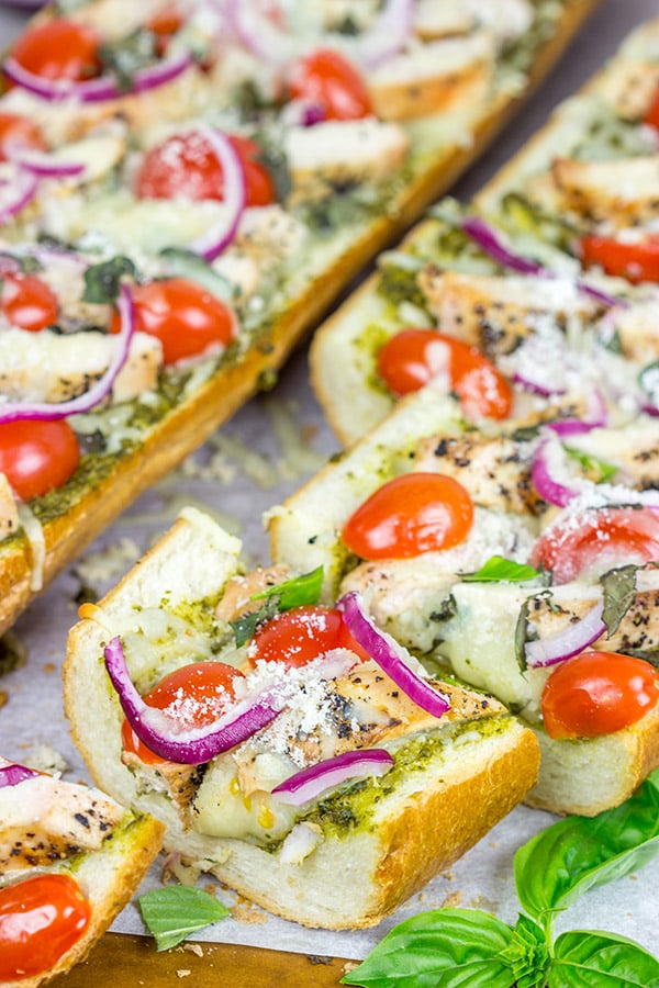 This Pesto French Bread Pizza with Grilled Chicken is a tasty and fun appetizer to serve during the big game!