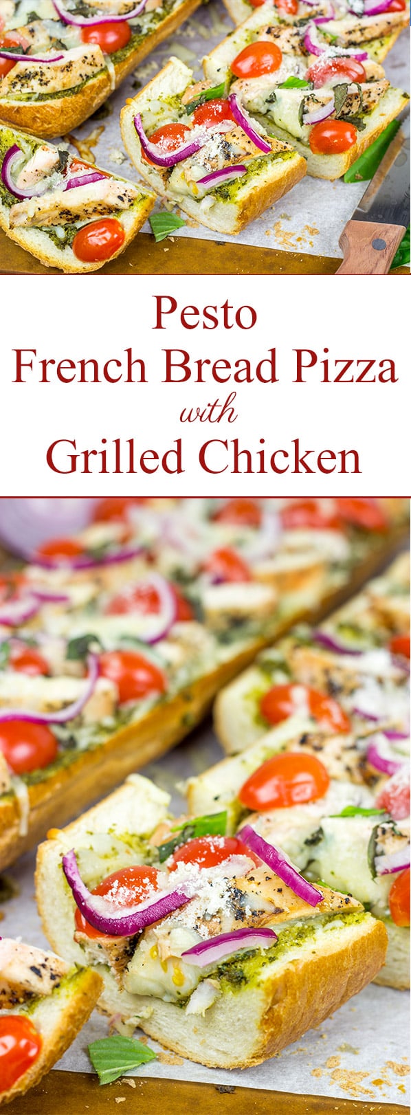 This Pesto French Bread Pizza with Grilled Chicken is a tasty and fun appetizer to serve during the big game!