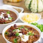 This Maple Bacon Chili is topped with maple candied bacon for an extra special layer of flavor!  It's the perfect meal for a chilly (no-pun intended) Autumn evening!