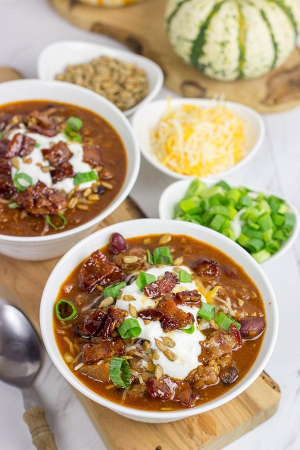This Maple Bacon Chili is topped with maple candied bacon for an extra special layer of flavor!  It's the perfect meal for a chilly (no-pun intended) Autumn evening!