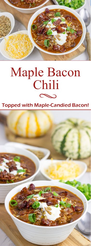 This Maple Bacon Chili is topped with maple candied bacon for an extra special layer of flavor! It's the perfect meal for a chilly (no-pun intended) Autumn evening!