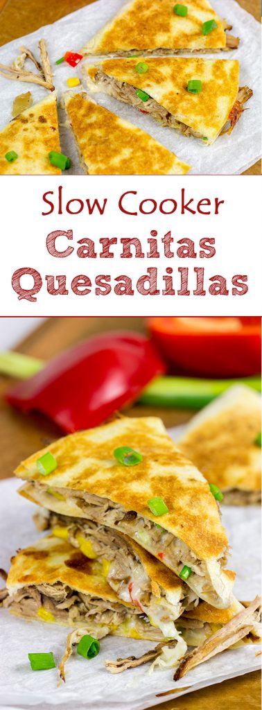 Melty cheese. Shredded carnitas. Buttery tortillas. These Slow Cooker Carnitas Quesadillas make for one heck of a tasty meal!