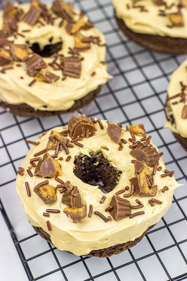 Who said donuts are reserved for breakfast only? These Baked Chocolate Peanut Butter Donuts make for a tasty dessert...or afternoon snack!