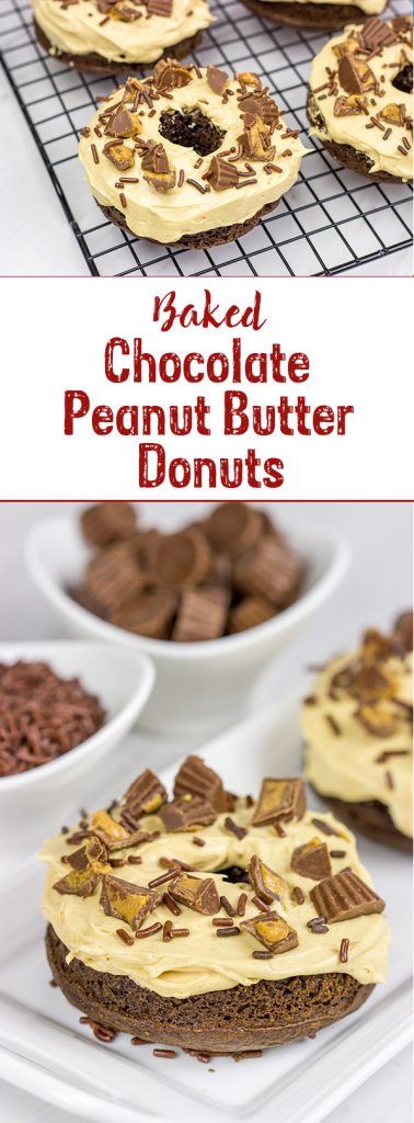 Who said donuts are reserved for breakfast only? These Baked Chocolate Peanut Butter Donuts make for a tasty dessert...or afternoon snack!