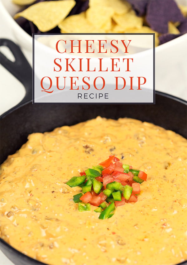 This Cheesy Skillet Queso Dip is an easy and tasty appetizer recipe, and it's perfect for watching college bowl season and playoff football games!