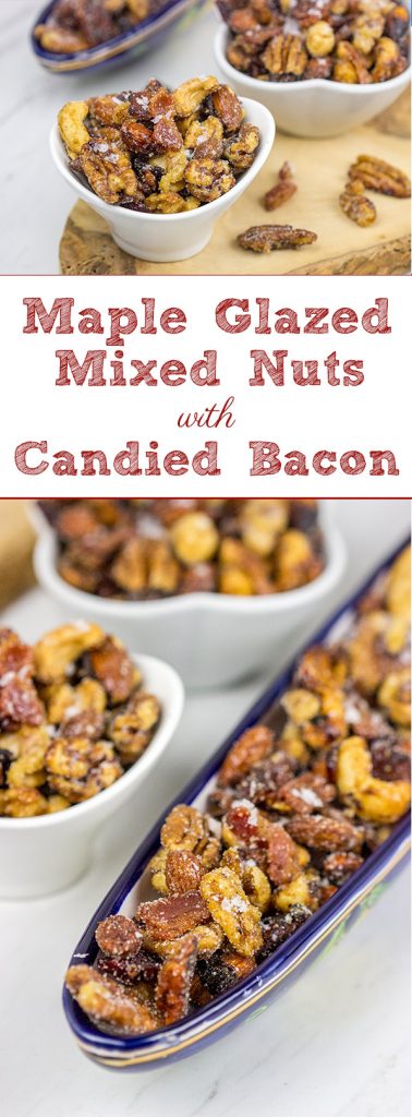 Looking for a fun and unique holiday appetizer? These Maple Glazed Mixed Nuts with Candied Bacon are salty, sweet and delicious!