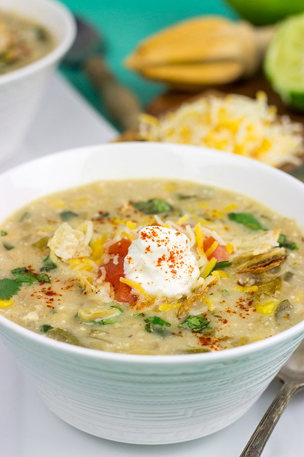 This Slow Cooker White Chicken Chili is perfect for cold winter days.  A good squeeze or two of fresh lime juice adds a delicious boost of flavor to this recipe!