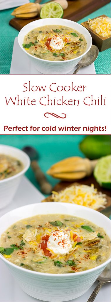 This Slow Cooker White Chicken Chili is perfect for cold winter days. A good squeeze or two of fresh lime juice adds a delicious boost of flavor to this recipe!