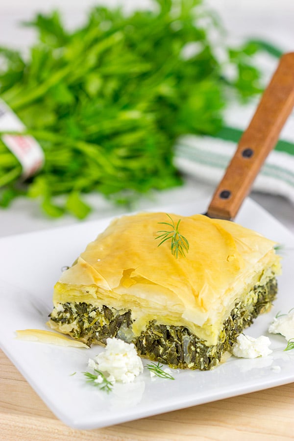 Spanakopita is a classic Greek recipe featuring layers of flaky dough stuffed with spinach and feta cheese...and it's delicious!