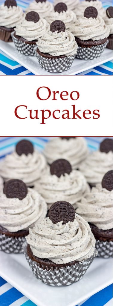 A moist chocolate cake and a cookies 'n' cream frosting combine to create these tasty Oreo Cupcakes!