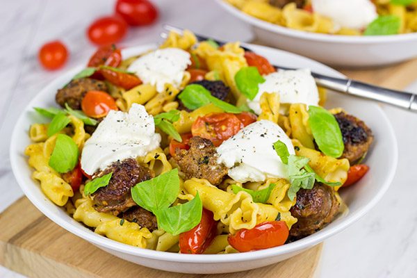 Time to mix up pasta night!  This Sausage and Basil Campanelle with Burrata is a delicious weeknight dinner idea!