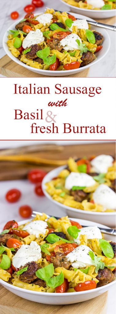 Time to mix up pasta night! This Sausage and Basil Campanelle with Burrata is a delicious weeknight dinner idea!