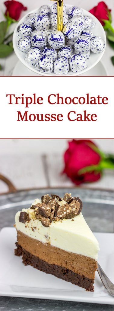 This Triple Chocolate Mousse Cake features 3 layers of chocolate, and it's topped with chopped Baci Perugina chocolate. This cake is perfect for any and all chocolate lovers in your life!